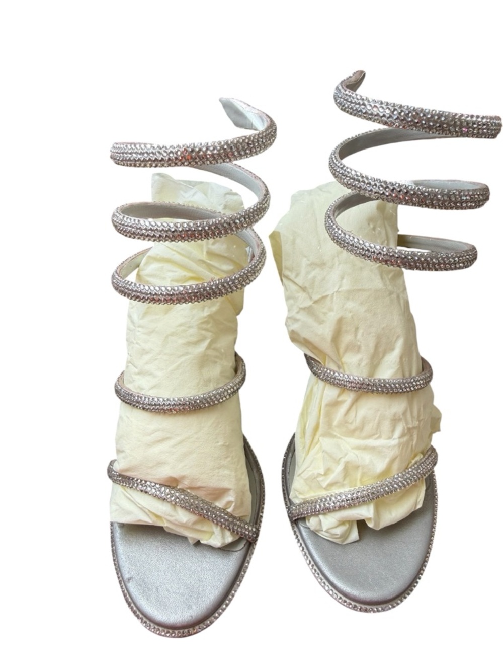Rene Caovilla Silver Crystal Spiral Wrap Heeled Sandals
